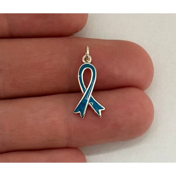 Sterling Silver Teal Awareness Ribbon for Ovarian Cancer Charm - Picture 1 of 4
